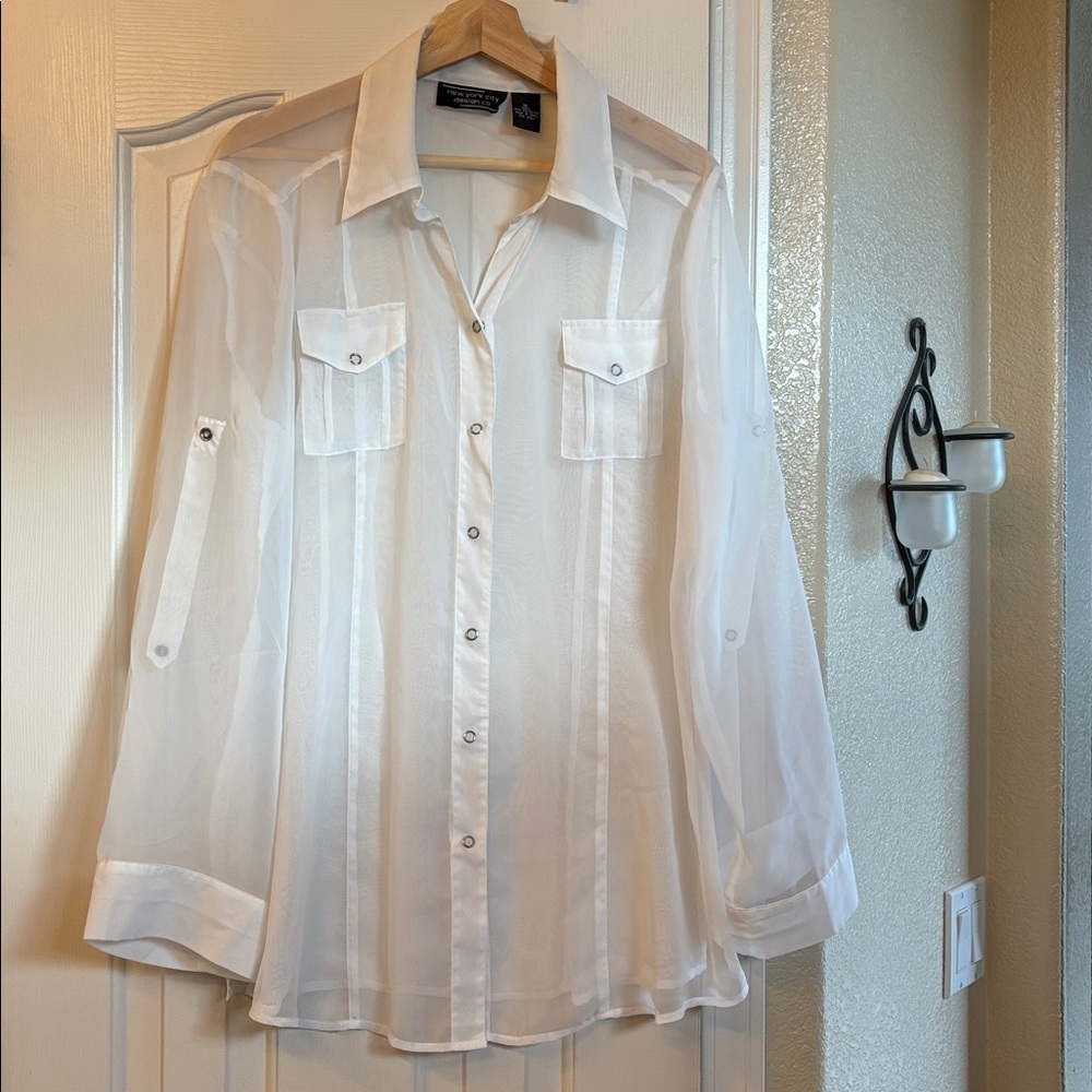 New York City Design Sheer White Button-Up Blouse